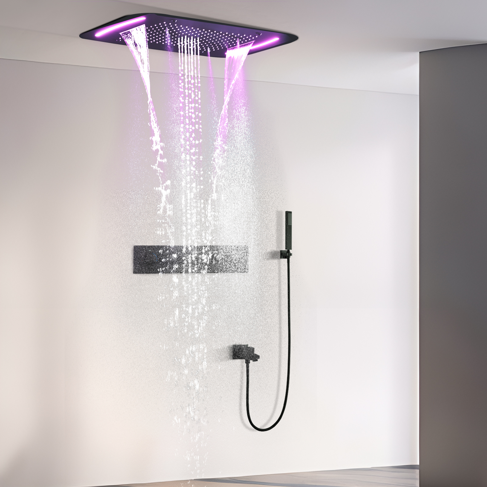 71x43 سنتيمتر الأسود LED أدوات الدش مجموعة مع السقف تدليك كبير درجة حرارة ثابتة شلال مياه الأمطار دش رئيس خلاط صنبور