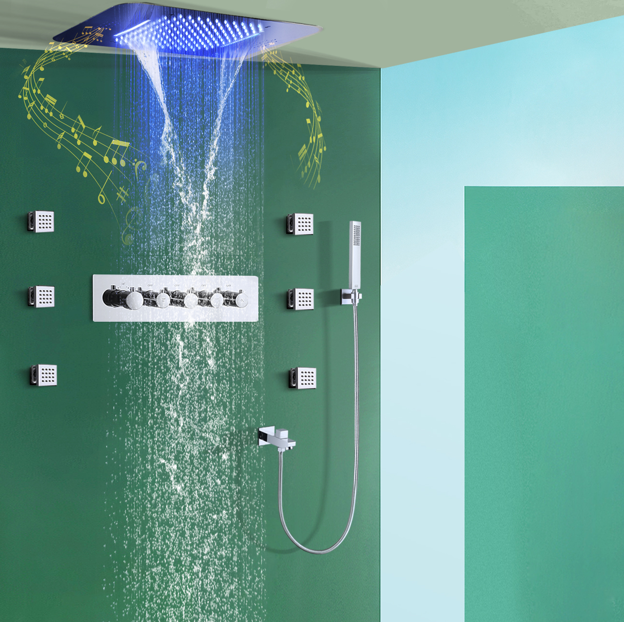 نظام دش رأس LED للموسيقى 23 * 15 بوصة مجموعات حمام ودش مطر وشلال ثرموستاتي للحمام