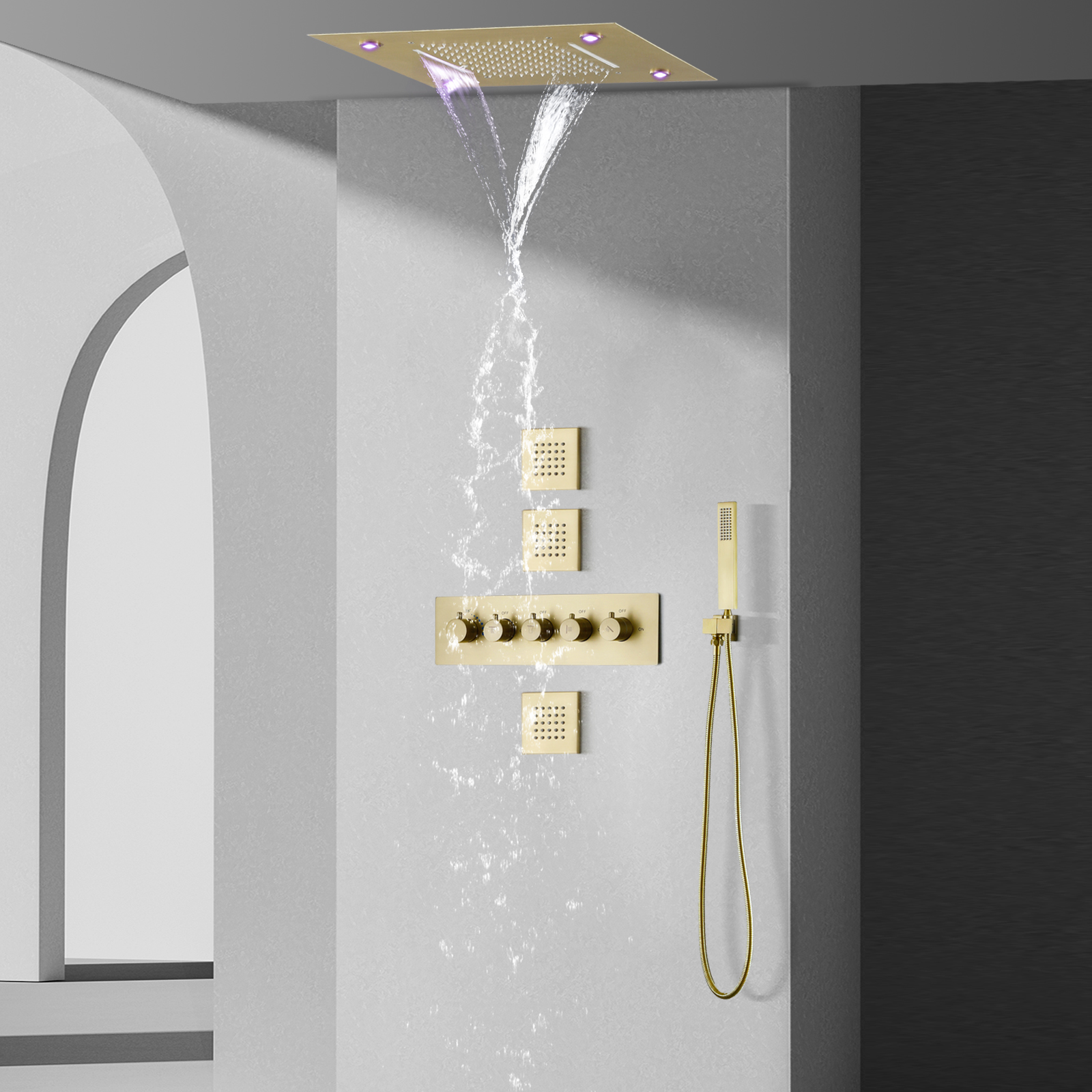 نظام دش المطر الترموستاتي الذهبي المصقول مقاس 14 × 20 بوصة، خلاط حمام رأس دش شلال الأمطار LED