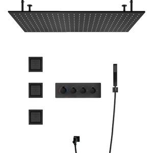 الحائط النحاس ماتي الأسود 100x50 سنتيمتر دش المطر رئيس نظام أربعة وظيفة الحمام LED دش كيت