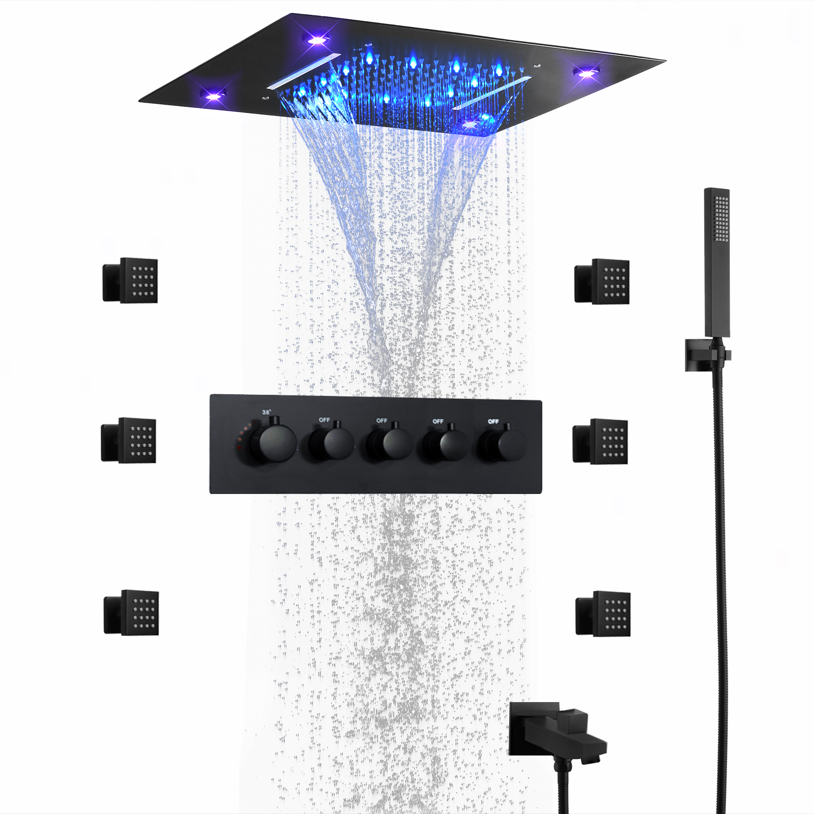 نظام دش حوض الاستحمام LED باللون الأسود غير اللامع، رأس دش مطري للحمام مع مجموعة كومبو محمولة باليد
