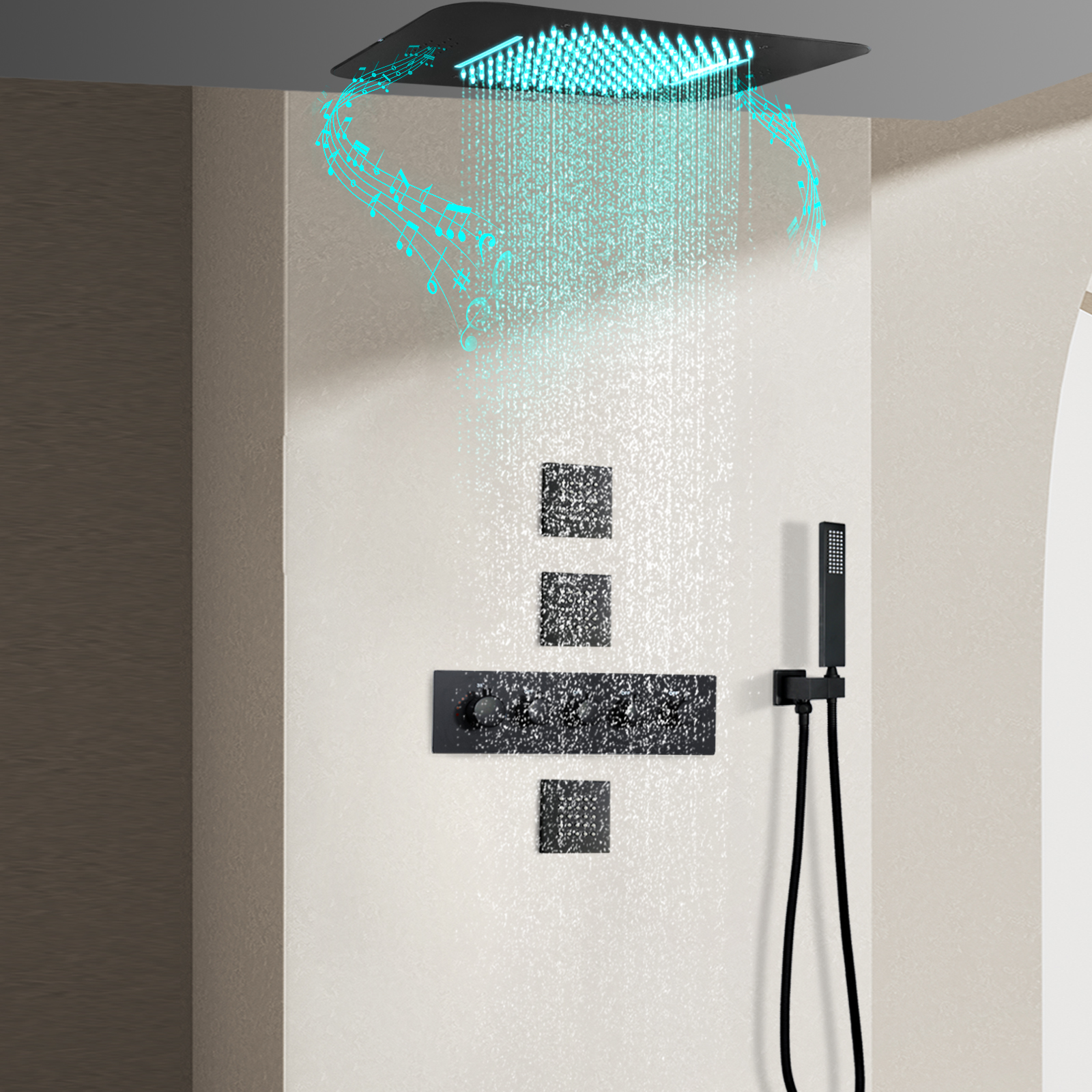 مجموعة دش LED متعددة الوظائف لحوض الاستحمام بالحرارة من Black Music مع دش يدوي