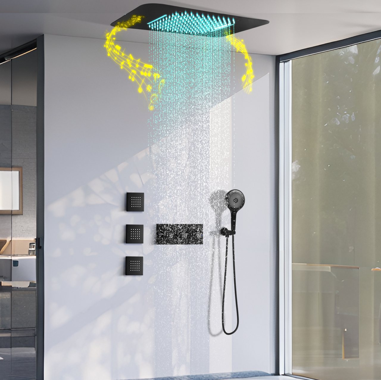 نظام شلال مياه الأمطار LED للحمام باللون الأسود الداكن ودرجة حرارة ثابتة ونظام صنبور مياه الدش المختلط طقم نفاث