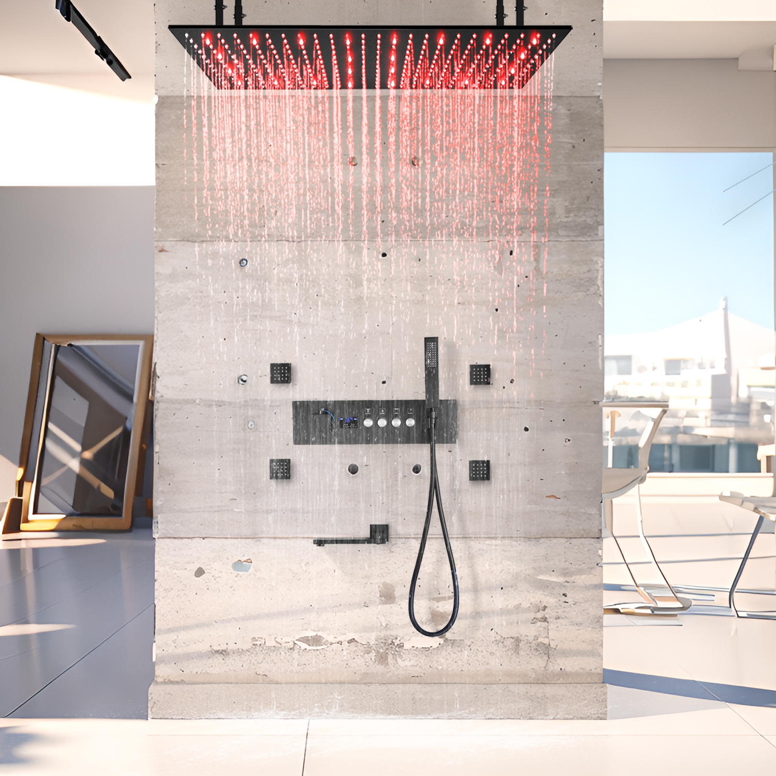 بطة سوداء درجة حرارة ثابتة LED رقم صمام دش مختلط صريح الجسم صنبور حوض استحمام مجموعة نظام رأس الدش