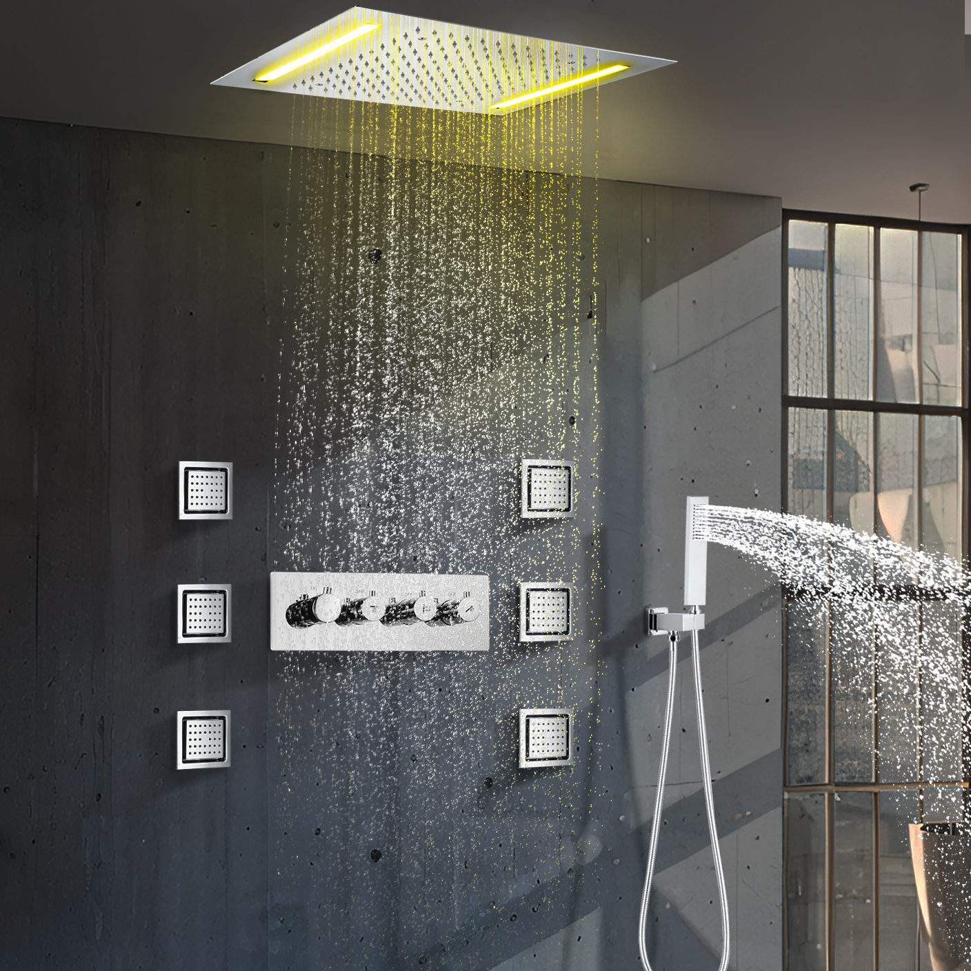 مطلي بالكروم 50x36 سنتيمتر تركيب السقف LED مربع التدفئة صمام الأمطار دش نظام صنبور المياه