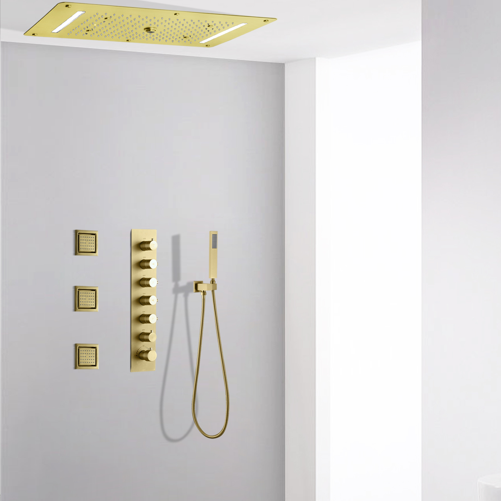 الفاخرة نحى الذهب الحمام أخفى نظام دش LED شلال المطر دش صنبور رذاذ عمود دوُش استحمام تدليك مجموعة