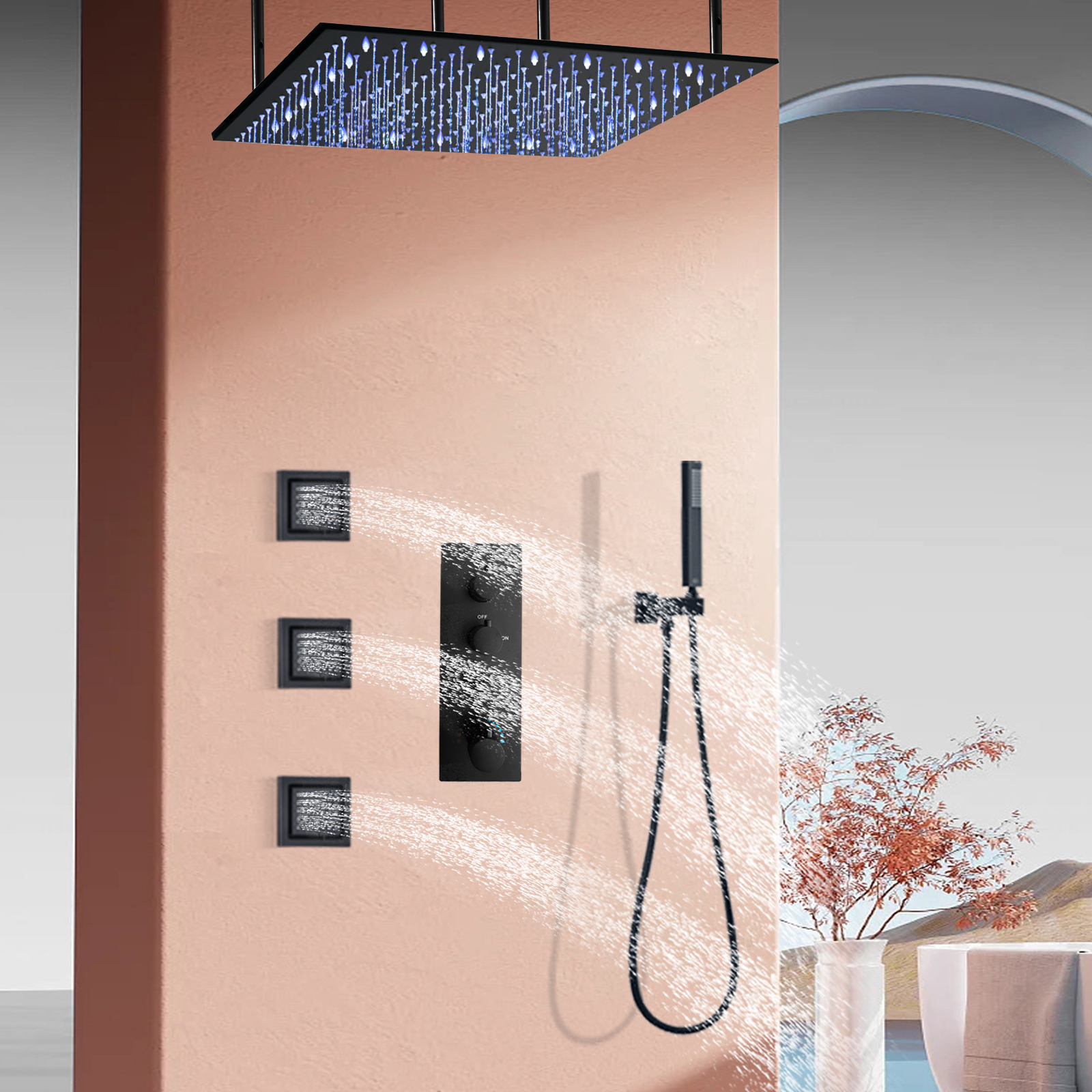 نظام دش الحمام المربع المثبت على الحائط، مجموعة صنبور دش ثرموستاتي LED، فوهة تدليك حوض الاستحمام المطري