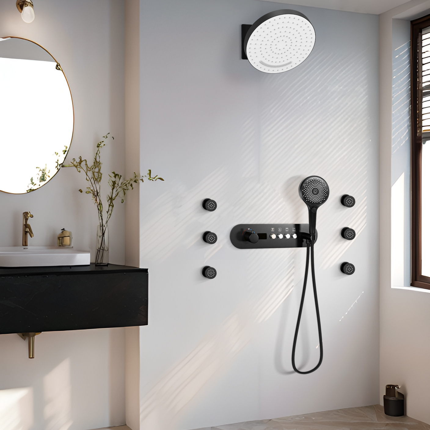 جناح غرفة الاستحمام ذو الجدار الأسود المتدفق، درجة حرارة ثابتة، صنبور مياه الدش الصريح
