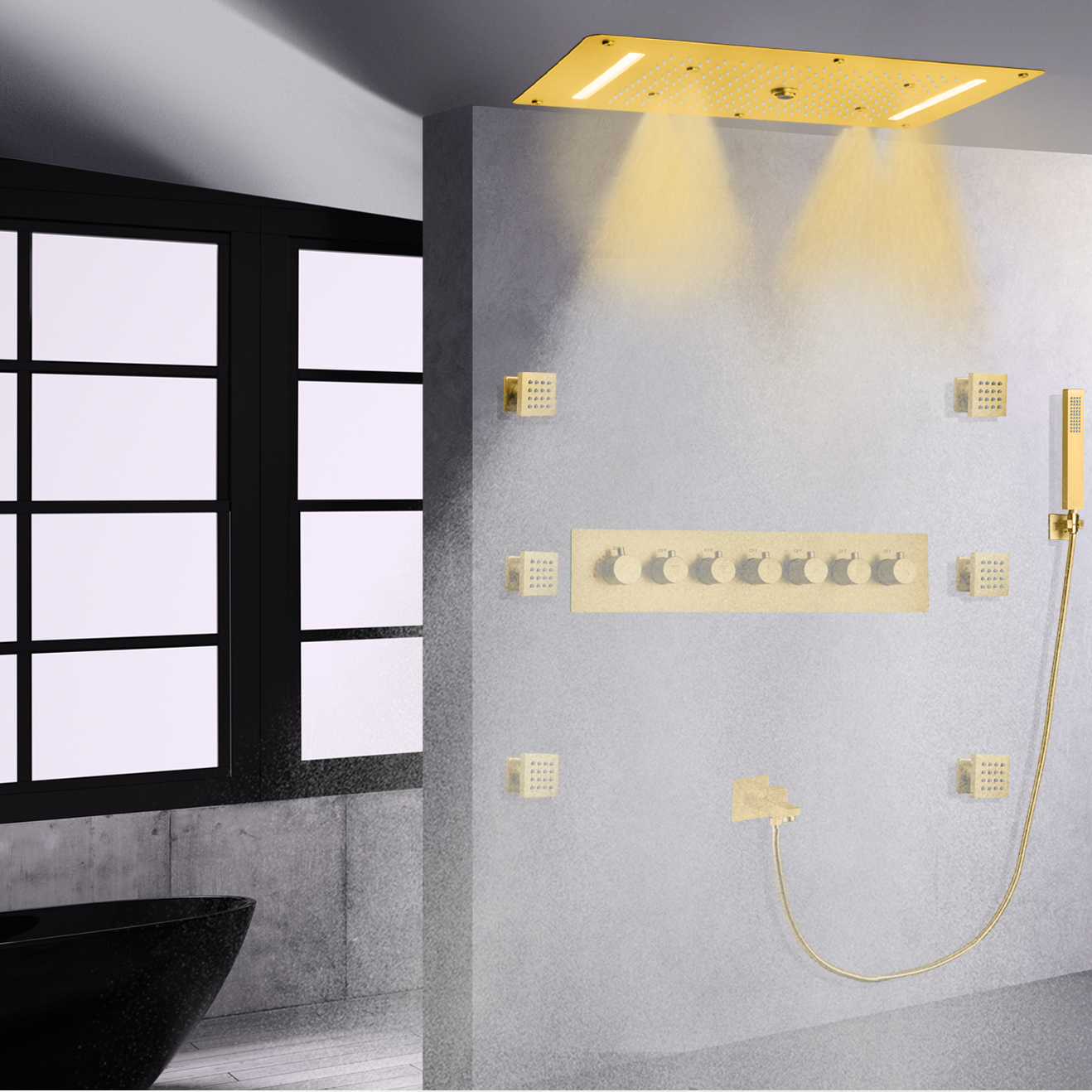 مجموعة كومبو محمولة باليد، خلاط دش مخفي بإضاءة LED باللون الذهبي المصقول وشلال الأمطار