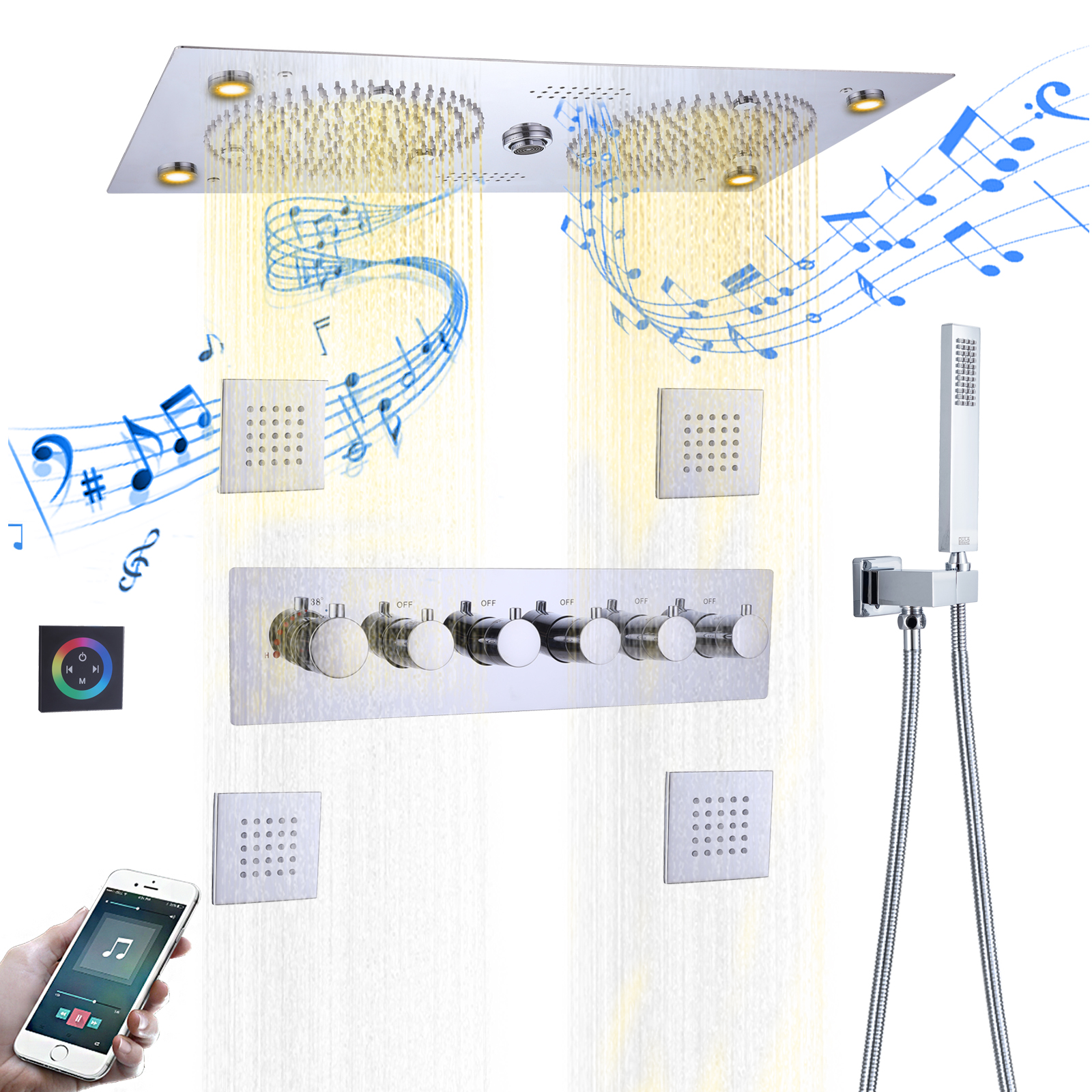 مجموعة صنبور الدش الترموستاتي المصقول بالكروم LED للحمام مع ميزات الموسيقى ونظام الدش النحاسي المحمول