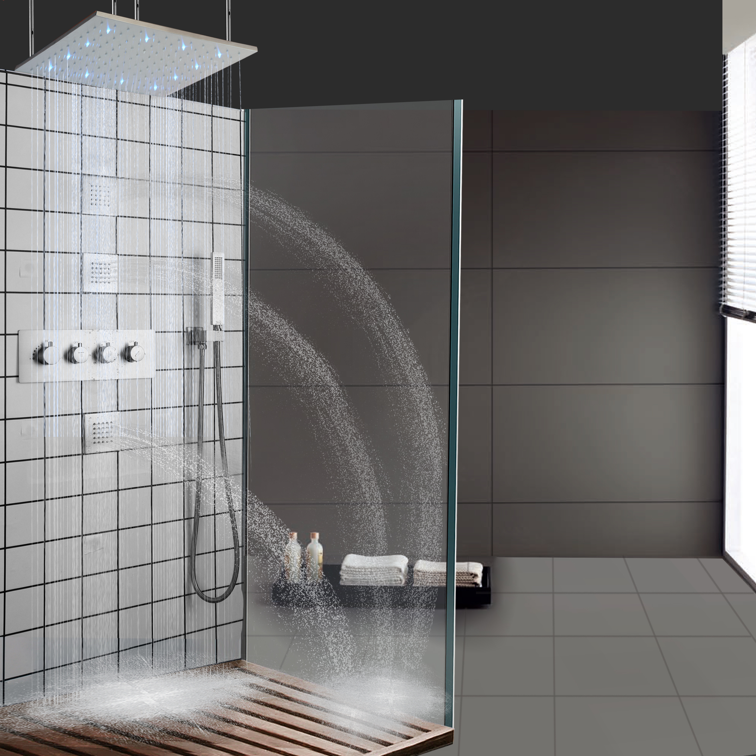 نظام دش حمام LED من النيكل المصقول ثرموستاتي للأمطار 3 طرق للاستحمام باليد