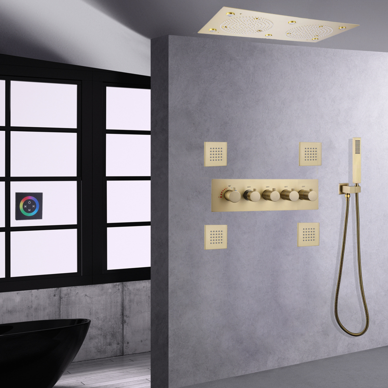 نظام دش الحمام مجموعة رأس مزدوجة مثبتة على الحائط LED رأس دش ثرموستاتي حمام دش مجموعة