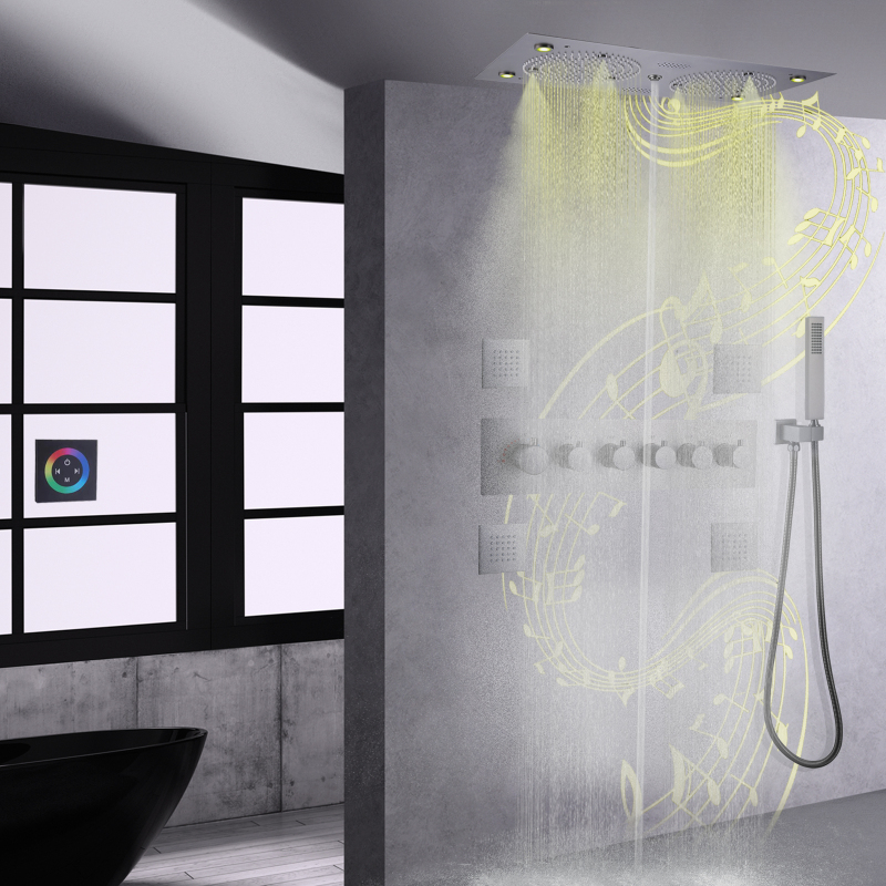مجموعة دش علوي ثرموستاتي باللون الرمادي 620*320 مللي متر LED حمام مع دش متعدد الوظائف بالموسيقى مع فوهة محمولة باليد