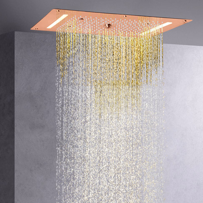 حنفيات الدش باللون الذهبي الوردي مقاس 70 × 38 سم LED للحمام متعددة الوظائف شلال هطول الأمطار تفتيت الفقاعات دش السبا