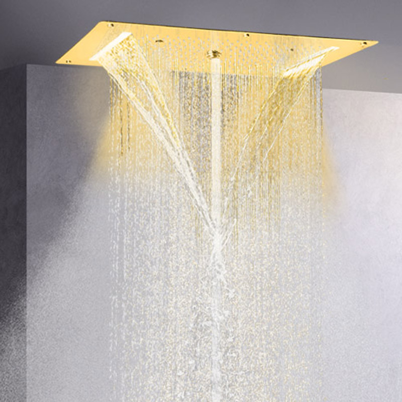 رأس دش مصقول ذهبي 70 × 38 سم LED حمام شلال هطول الأمطار دش تدليك الفقاعات