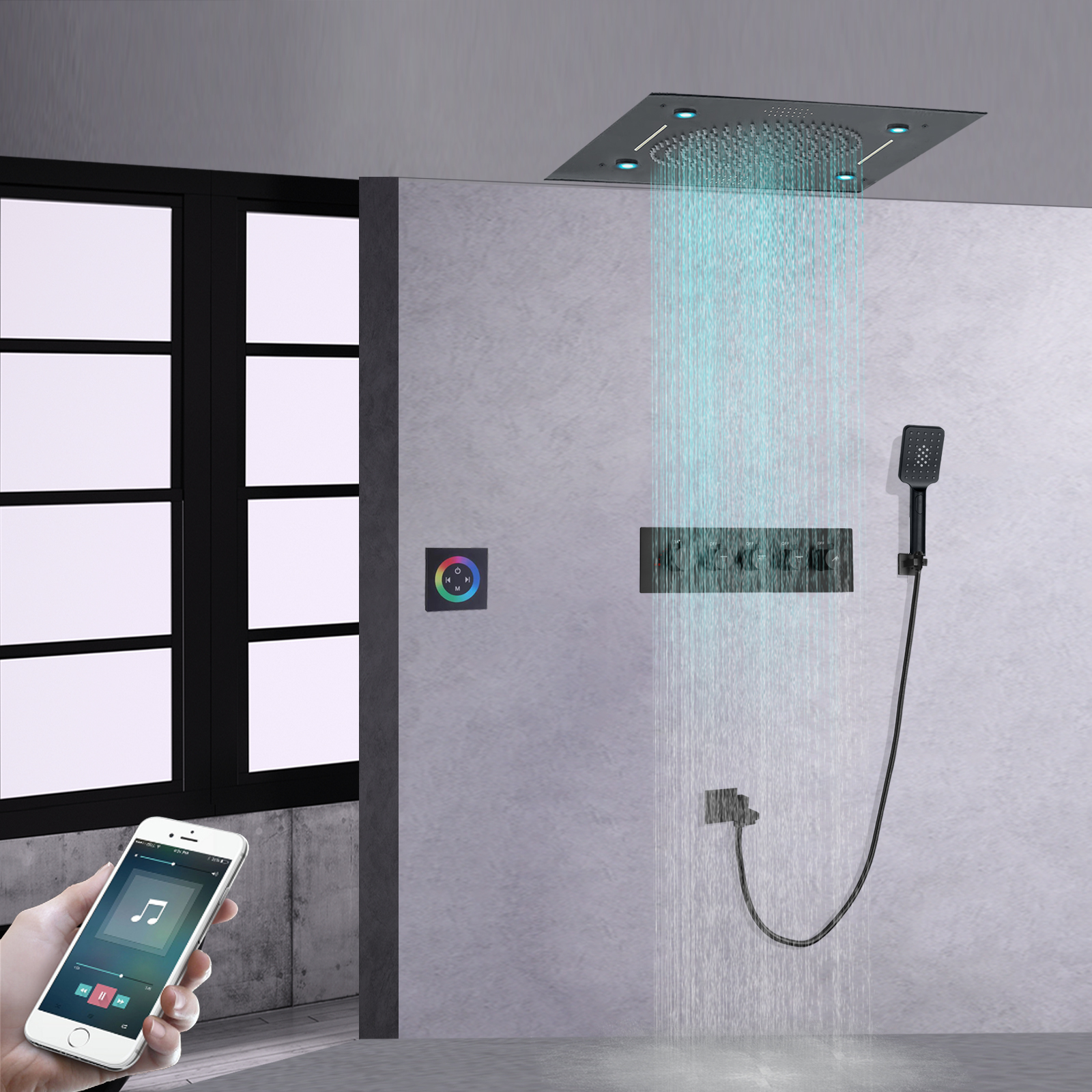 ثرموستاتي الحمام 24 بوصة دش مجموعة أخفى السقف الأمطار 304sus شلال الموسيقى LED رأس دش لمجموعة التدليك