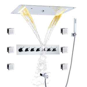 مجموعة صنبور دش درجة الحرارة المصقولة بالكروم LED للحمام هيدرو جيت ميست المطر النحاسي المحمول