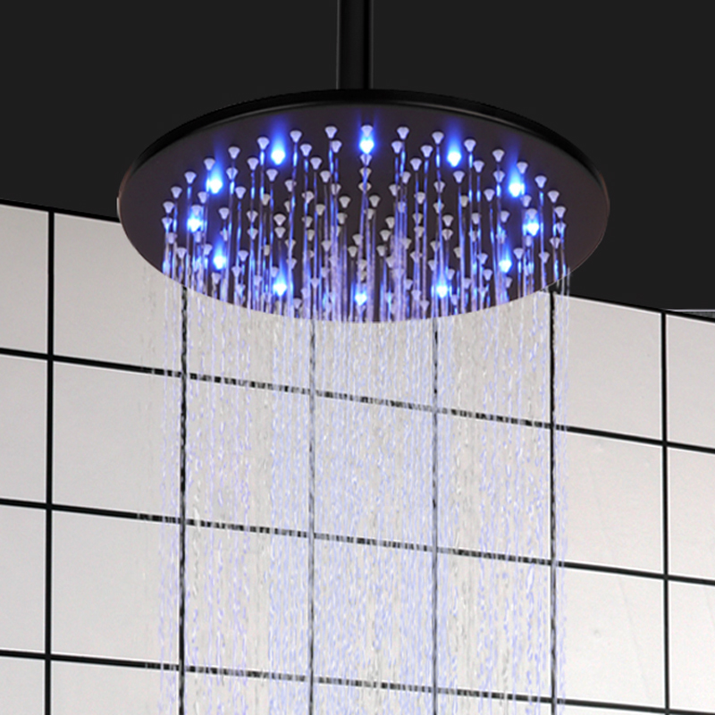 ماتي الأسود 25X25CM رأس دش LED 3 درجة حرارة اللون تغيير الحمام رفع دش الأمطار