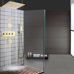 16 بوصة نحى الذهب الفاخرة تصميم حمام الحنفية ثرموستاتي الأمطار LED يده الدوش مجموعة دش