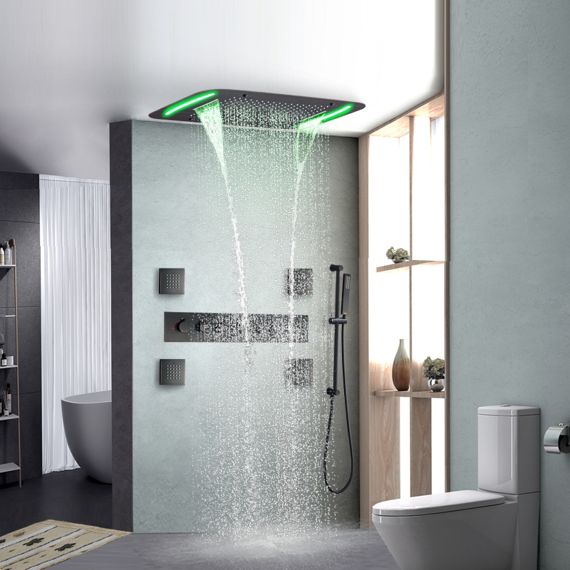 النفط مفروك البرونزية دش ثرموستاتي صنبور 71X43 سم الحمام الفاخرة LED تدليك هطول الأمطار رذاذ دش مجموعة