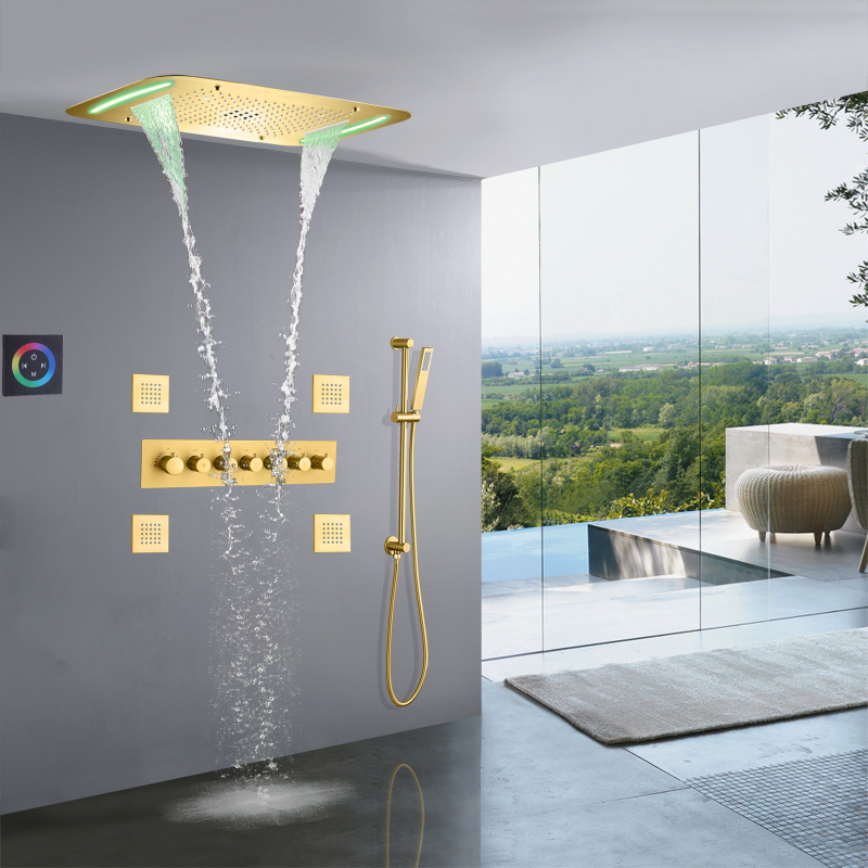 نحى الذهب حمام دش 71X43 سم LED الحمام الفاخرة ارتفاع تدفق دش ترموستاتي الأمطار أخفى نظام دش