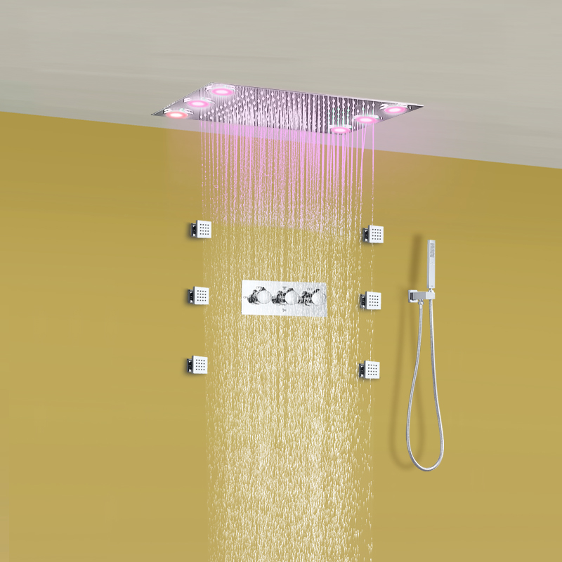 رأس دش مطري غائر، مجموعة دش مربعة LED، 6 نفاثات للجسم، 304 ملحقات حمام من الفولاذ المقاوم للصدأ، دش يدوي