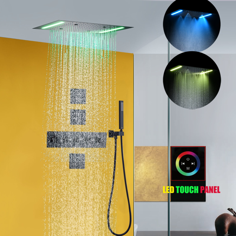 مجموعة كومبو للاستحمام باللون الأسود غير اللامع مقاس 14 × 20 بوصة رأس دش LED من النحاس دش ضباب ثرموستاتي