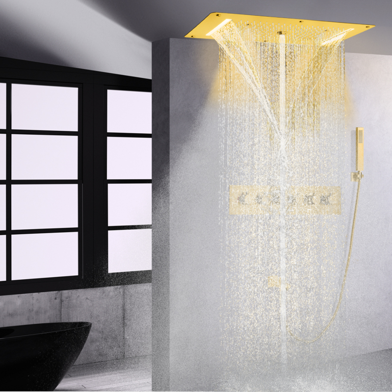 نظام صنبور حوض الاستحمام الذهبي المصقول ترموستاتي 700 × 380 مم رأس دش الحمام LED مع بخاخ محمول