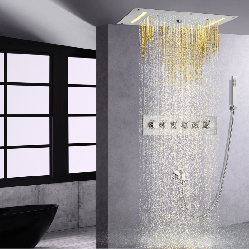 مجموعة رأس دش ثرموستاتي 700 × 380 ملم من النيكل المصقول LED للحمام شلال رذاذ فقاعة الأمطار