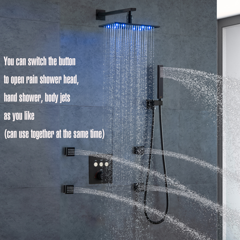 رأس دش مطر أسود مع بخاخ محمول مثبت على الحائط مقاس 8 × 12 بوصة نظام دش مطري LED ثرموستاتي طائرة تدليك نحاسية