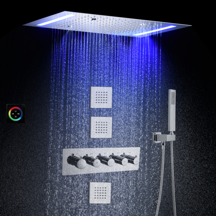 مجموعة رأس دش مطري للحمام من الكروم مقاس 14 × 20 بوصة LED دش ضباب ثرموستاتي للحمام