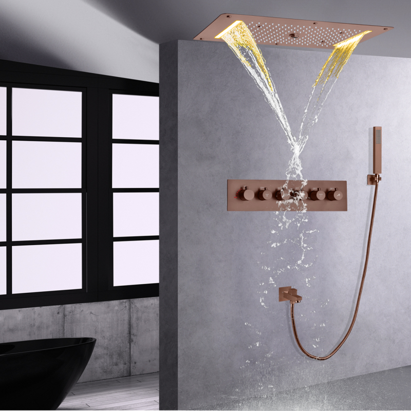 نظام دش حوض الاستحمام الترموستاتي البني LED شلال أمطار مخفي مع دش ضغط مائي محمول