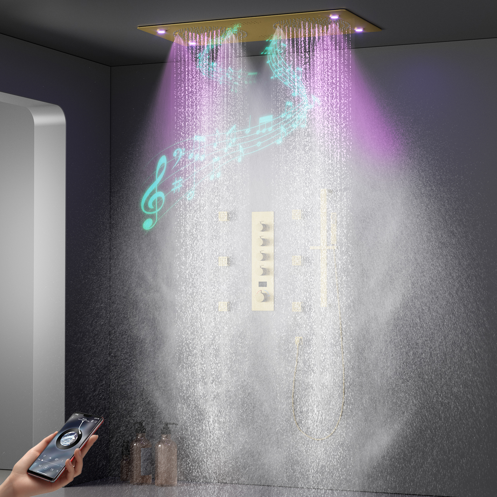 نحى الذهب LED الموسيقى دش سقف المطر نظام خلاط دش ثرموستاتي مع 6 قطع الجسم الطائرات