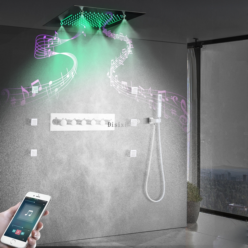 مجموعة دش LED مثبتة على الحائط جسم نحاسي ثرموستاتي متعدد الوظائف سبا شلال ضباب المطر LED نظام دش الموسيقى