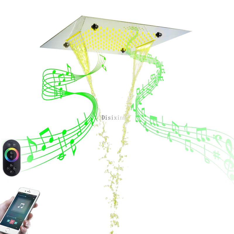 رأس دش LED مصقول بالكروم مع مكبر صوت للموسيقى مطر ضبابي ودش شلال 20 بوصة رأس دش مدمج بالسقف