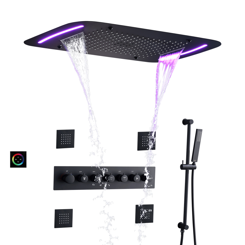 مجموعة نظام دش LED أسود لامع ترموستاتي مقاس 28 × 17 بوصة، لوحة مطر شلال حمام كبيرة للتدليك المائي النفاث