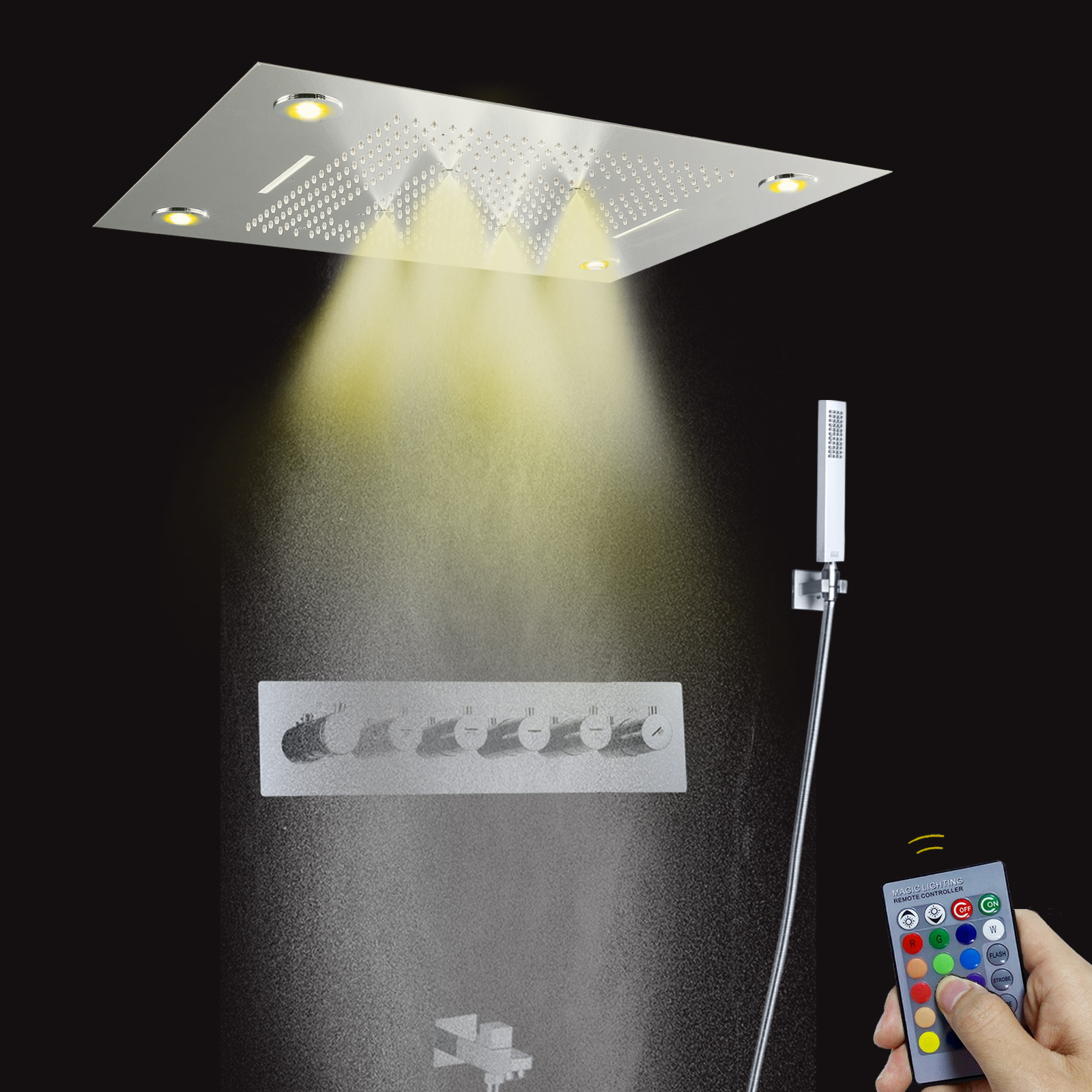 فاخر كبير LED رأس دش المطر 800*600 مللي متر كروم 5 طرق تدليك شلال ثرموستاتي هطول الأمطار دش مجموعة