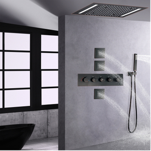 مجموعة دش الأمطار البرونزية المطلية بالزيت لغرف الحمام مع لوحة LED الحديثة 14 × 20 بوصة رأس دش كهربائي Ceil Rain