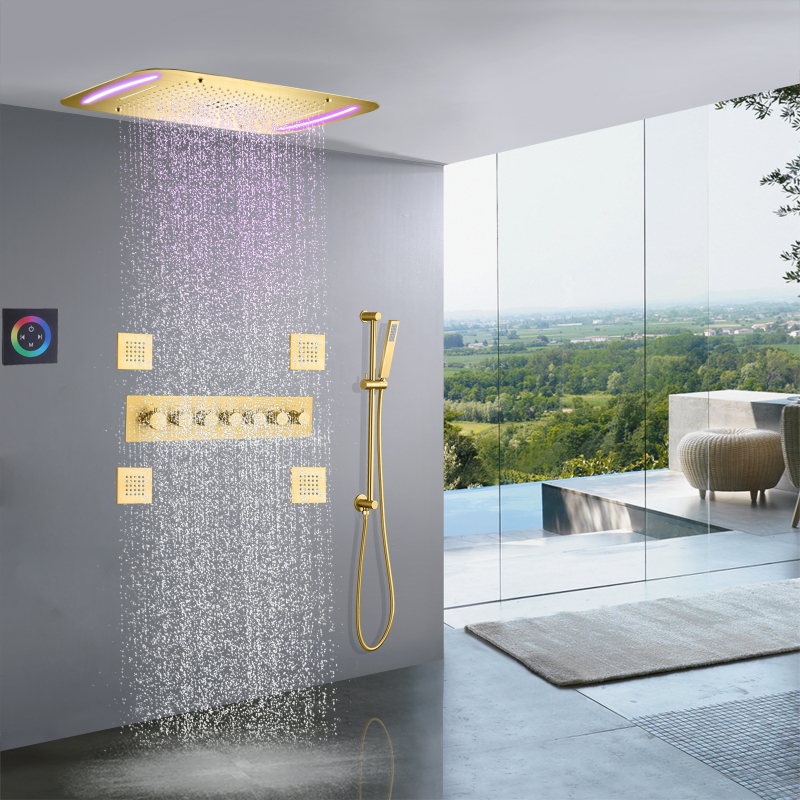 نحى الذهب حمام دش 71X43 سم LED الحمام الفاخرة ارتفاع تدفق دش ترموستاتي الأمطار أخفى نظام دش