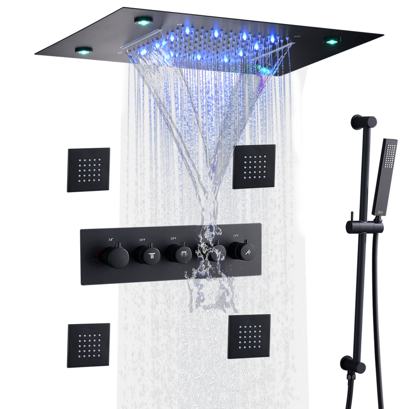ماتي الأسود حمام ودش مجموعة الحنفيات الفاخرة LED نظام دش ثرموستاتي 14X20 بوصة إخفاء شلال رأس دش المطر