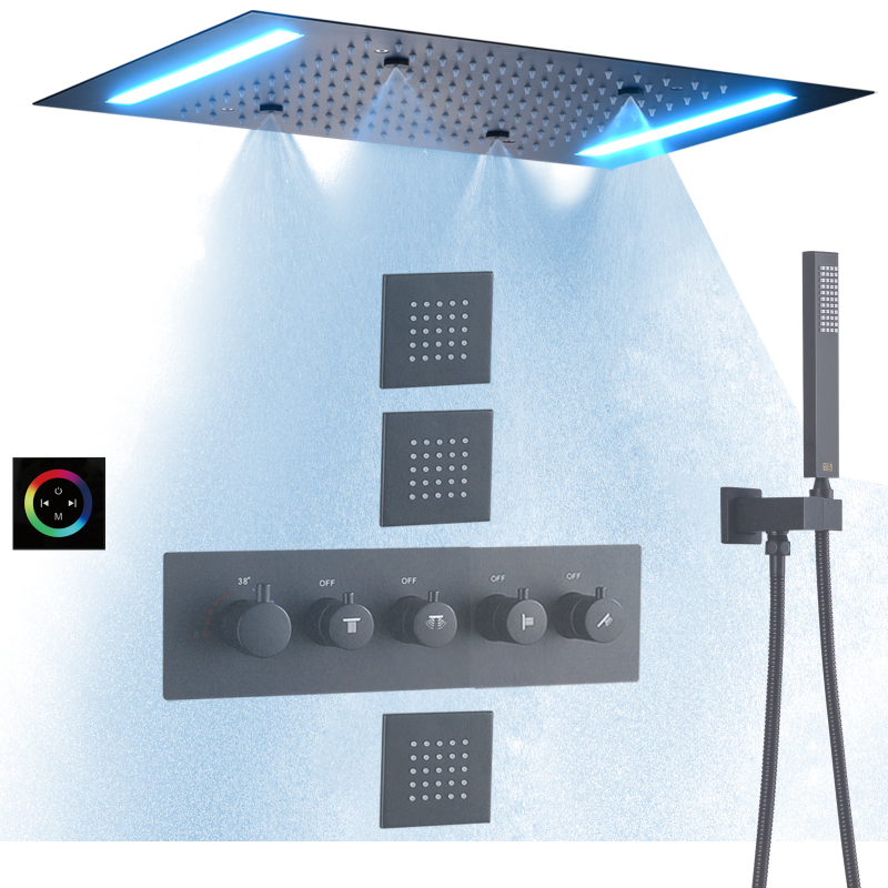 مجموعة كومبو للاستحمام باللون الأسود غير اللامع مقاس 14 × 20 بوصة رأس دش LED من النحاس دش ضباب ثرموستاتي