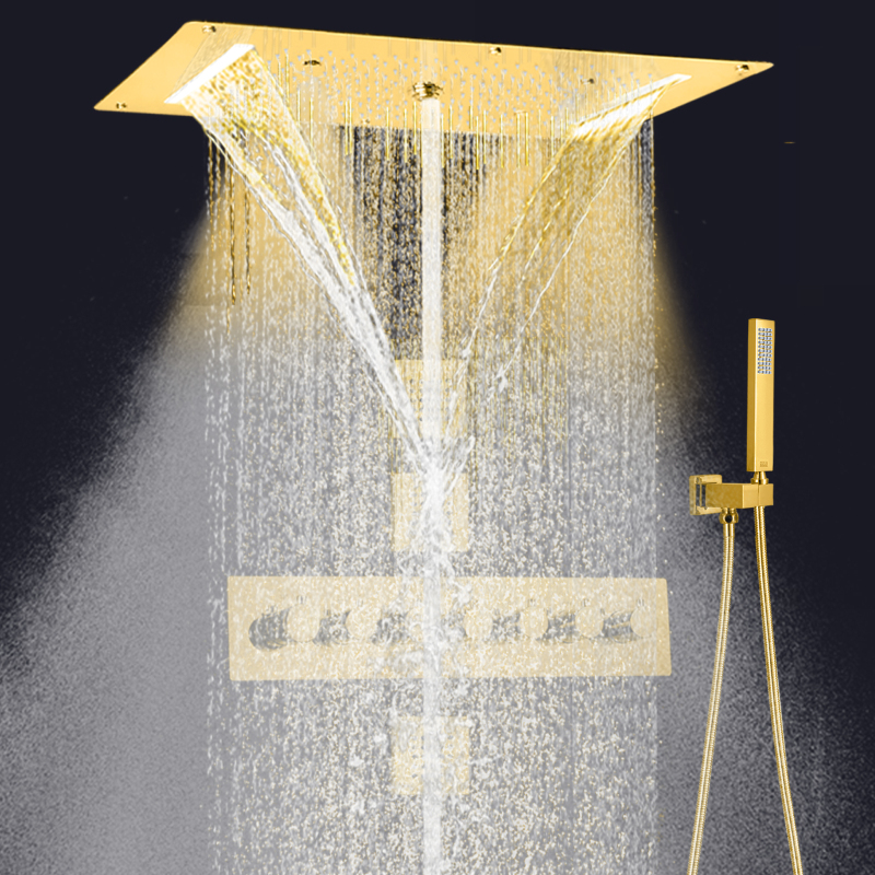 نظام دش سقف LED فاخر مصقول بالذهب 700 × 380 مم، خلاط دش شلال الأمطار مع مقبض يدوي