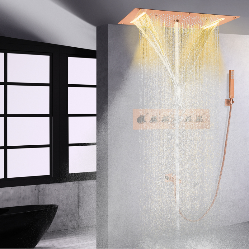 فاخر روز الذهب دش ثرموستاتي صنبور LED الحمام الشلال مجموعة دش مخفي مع سبا مع Handhel