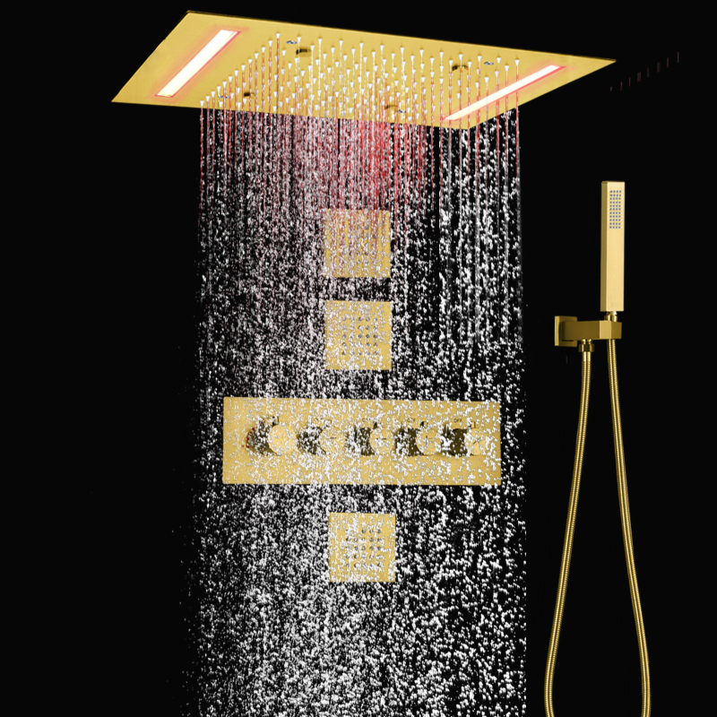 نظام دش حمام مطر ذهبي مصقول ترموستاتي 14 × 20 بوصة مثبت على السقف LED رأس دش نحاسي للجسم سبا جيتس