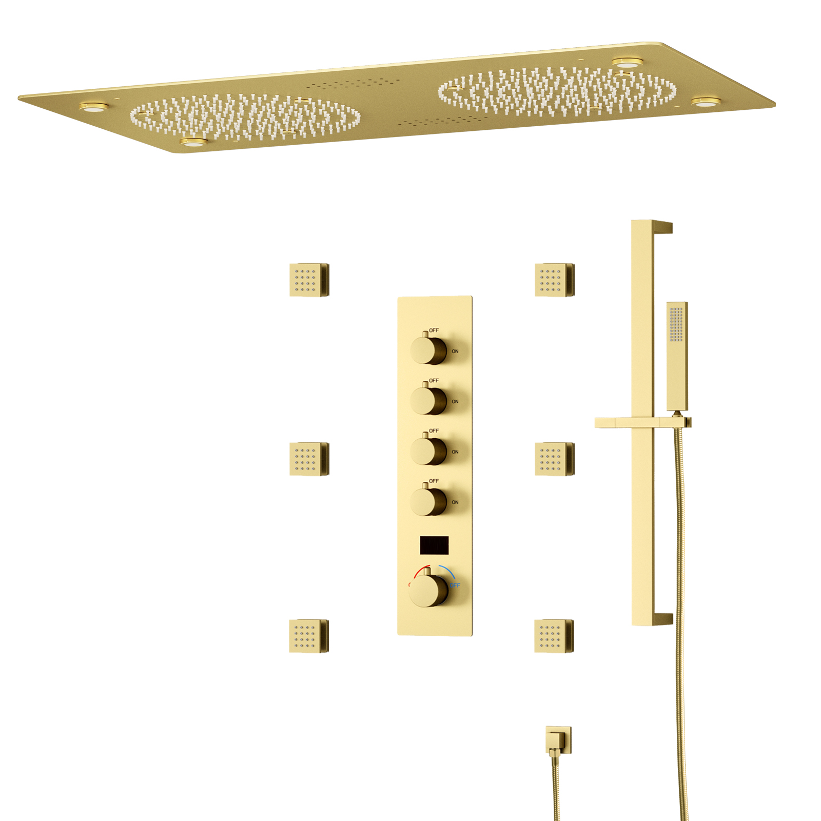 نحى الذهب LED الموسيقى دش سقف المطر نظام خلاط دش ثرموستاتي مع 6 قطع الجسم الطائرات