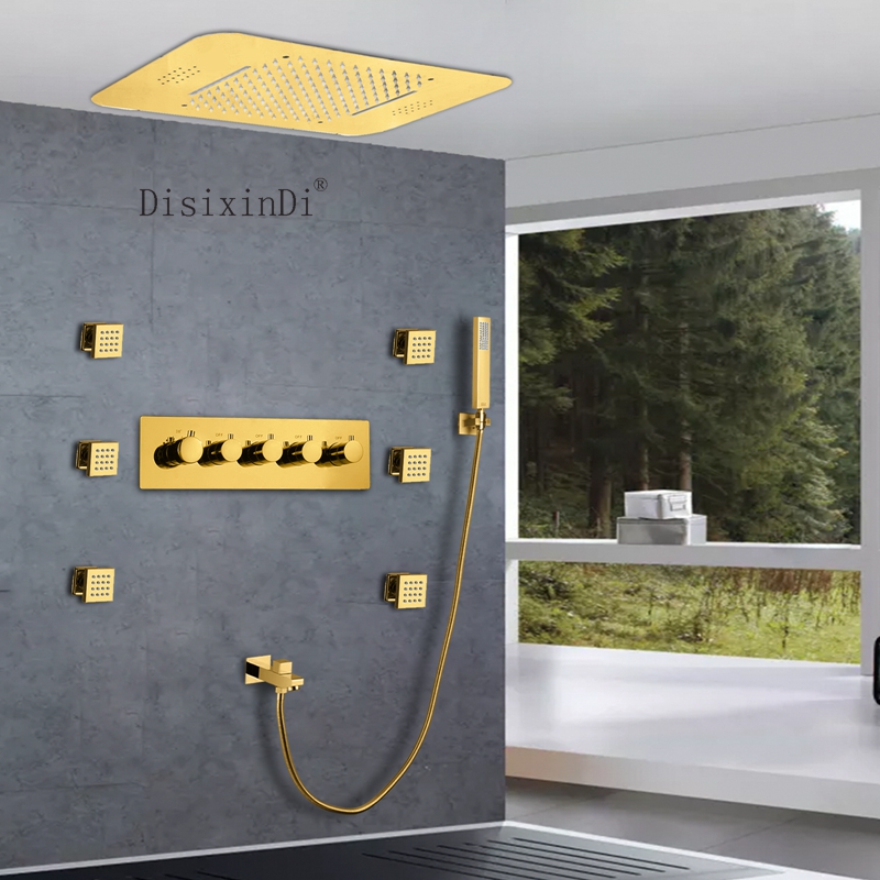 Ti Gold الحمام هطول الأمطار شلال LED صنبور دش ثرموستاتي مع دش الجسم جيت ورأس دش وظيفة الموسيقى