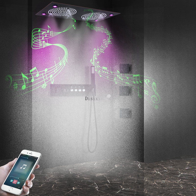 رأس دش LED مع صوت موسيقى، 4 وظائف، شاشة ديجيتال، صمام خلاط دش ثرموستاتي، مجموعة دش مزدوجة