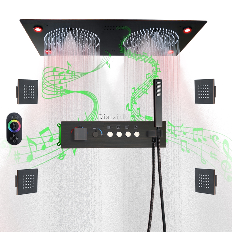 سقف الموسيقى LED نظام الدش 25*13 بوصة المطر والضباب دش رئيس ثرموستاتي الحمام دش صنبور مجموعة