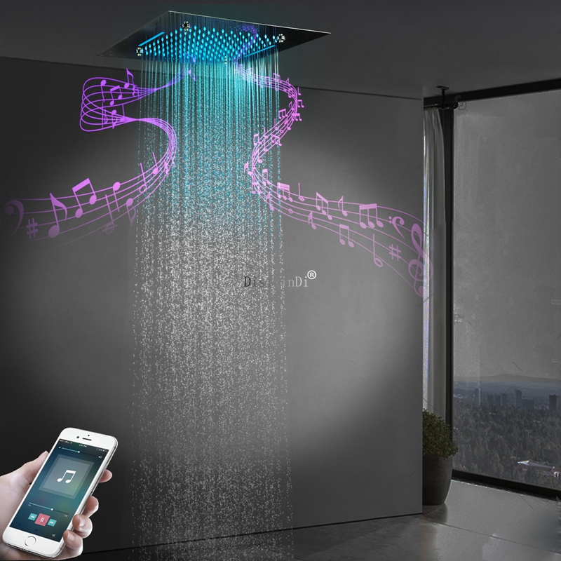رأس دش LED مصقول بالكروم مع مكبر صوت للموسيقى مطر ضبابي ودش شلال 20 بوصة رأس دش مدمج بالسقف