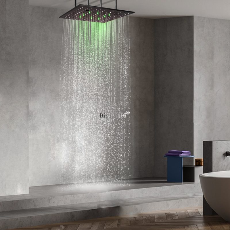 ماتي الأسود 16 بوصة 304 الفولاذ المقاوم للصدأ LED رأس دش الحمام المطر ضباب LED اللون تغيير رأس دش